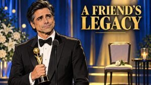 Editorial cartoon of John Stamos holding a symbolic award as he honors Bob Saget
