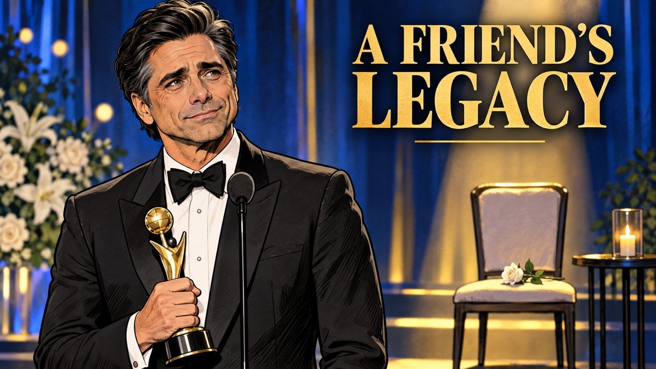 Editorial cartoon of John Stamos holding a symbolic award as he honors Bob Saget