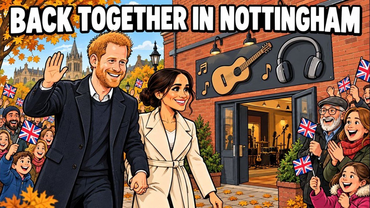 Editorial cartoon of Prince Harry and Meghan walking hand in hand to a Nottingham music studio past cheering locals. An illustration, not a photograph.