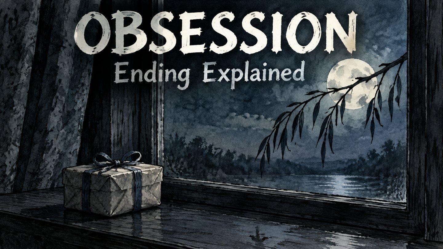 Hand-drawn editorial illustration of a wrapped gift box on a dark windowsill under moonlight with a willow branch, for the Obsession ending explained