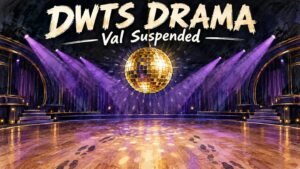 Val Chmerkovskiy Suspended From DWTS: What He Said About Carrie Ann Inaba 5 Hand-drawn editorial illustration of a gold mirrorball over an empty ballroom dance floor with purple spotlights, for Val Chmerkovskiy's DWTS suspension