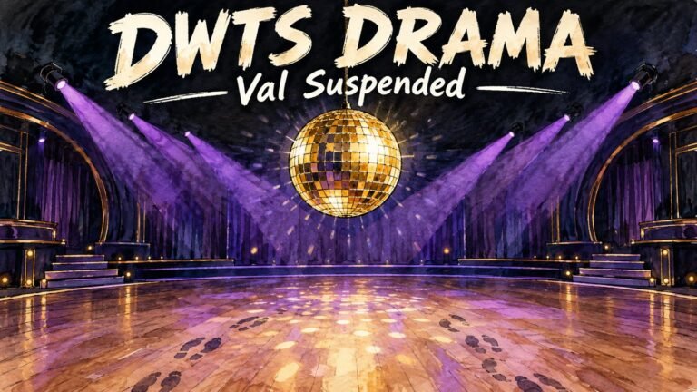 Val Chmerkovskiy Suspended From DWTS: What He Said About Carrie Ann Inaba 641 Hand-drawn editorial illustration of a gold mirrorball over an empty ballroom dance floor with purple spotlights, for Val Chmerkovskiy's DWTS suspension
