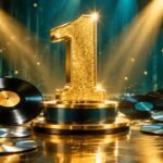 Editorial illustration of a golden number one on a pedestal in a spotlight. Not Taylor Swift or her album art.