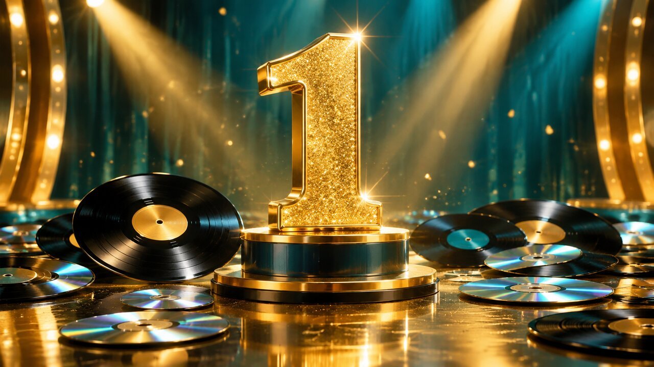 Editorial illustration of a golden number one on a pedestal in a spotlight. Not Taylor Swift or her album art.