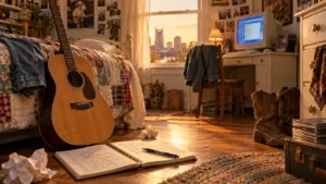 Illustration of a 2006 Nashville bedroom with an acoustic guitar, a notebook of handwritten lyrics and an old computer, evoking Taylor Swift’s debut era