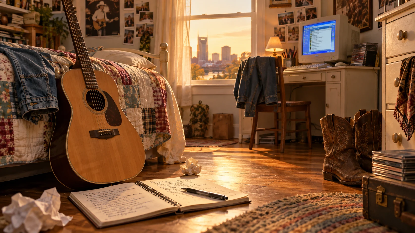 Illustration of a 2006 Nashville bedroom with an acoustic guitar, a notebook of handwritten lyrics and an old computer, evoking Taylor Swift’s debut era