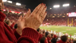Taylor Swift Shows Wedding Ring at Chiefs Game Sunday Hands clapping at a night football game with a gold wedding ring on the left hand and a red knit sleeve, Taylor Swift wedding ring illustration