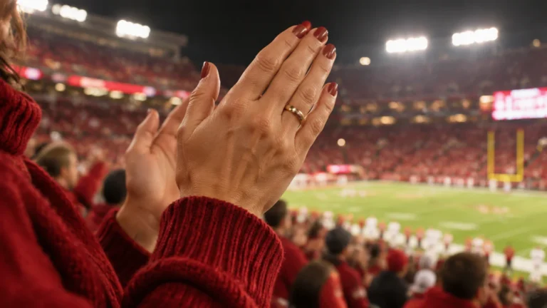 Taylor Swift Shows Wedding Ring at Chiefs Game Sunday 668 Hands clapping at a night football game with a gold wedding ring on the left hand and a red knit sleeve, Taylor Swift wedding ring illustration