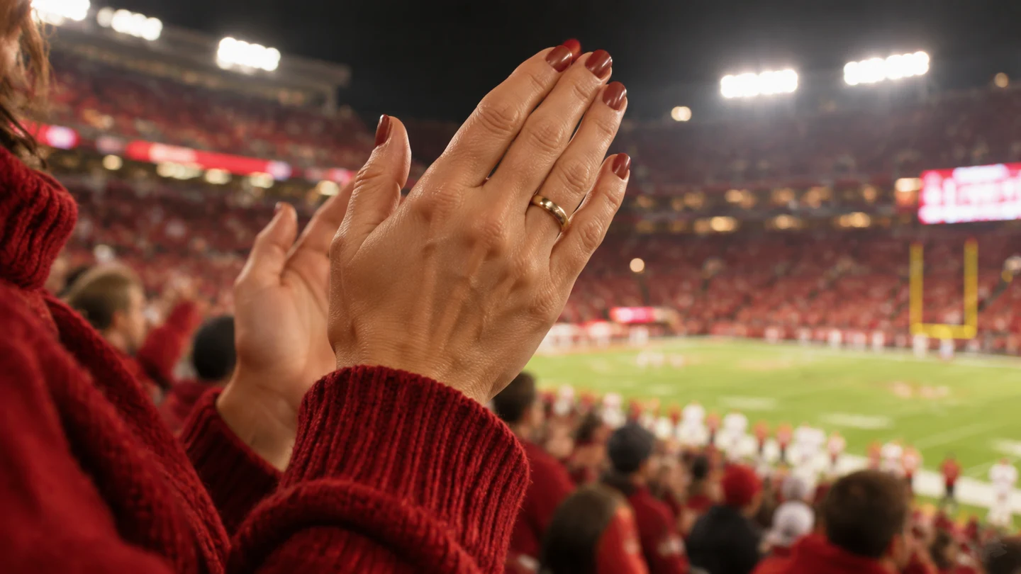 Hands clapping at a night football game with a gold wedding ring on the left hand and a red knit sleeve, Taylor Swift wedding ring illustration