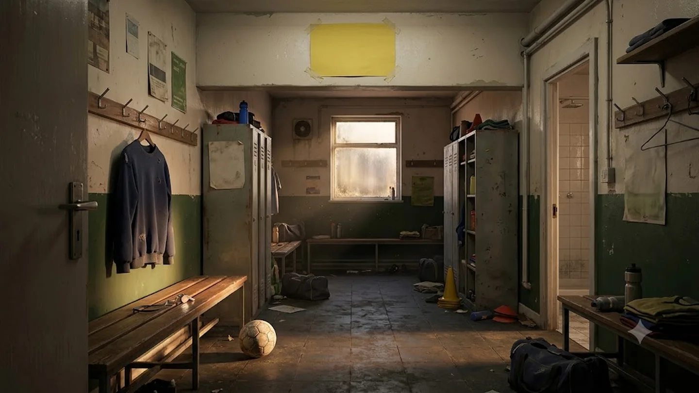 Illustration of a Ted Lasso style football club locker room with a blank yellow sign taped above the door as fans await season 5 news