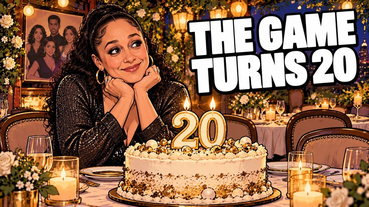 Editorial cartoon, not a photograph: Tia Mowry at The Game reunion dinner with a 20th anniversary cake