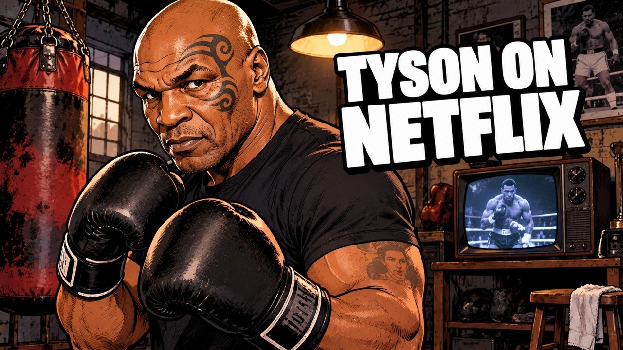 Editorial cartoon, not a photograph: Mike Tyson in a boxing gym for the Tyson Netflix docuseries
