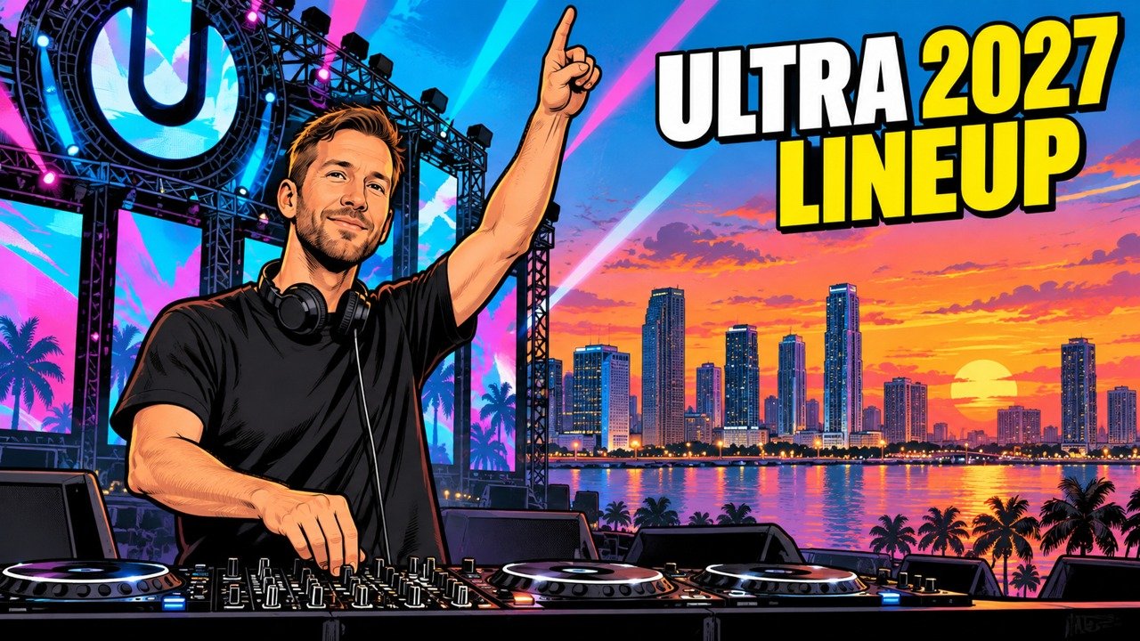 Ultra Miami 2027 editorial cartoon of Calvin Harris at an imagined Miami festival stage