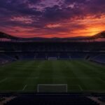 Editorial illustration of an empty stadium at dusk. Not a real venue or either artist.