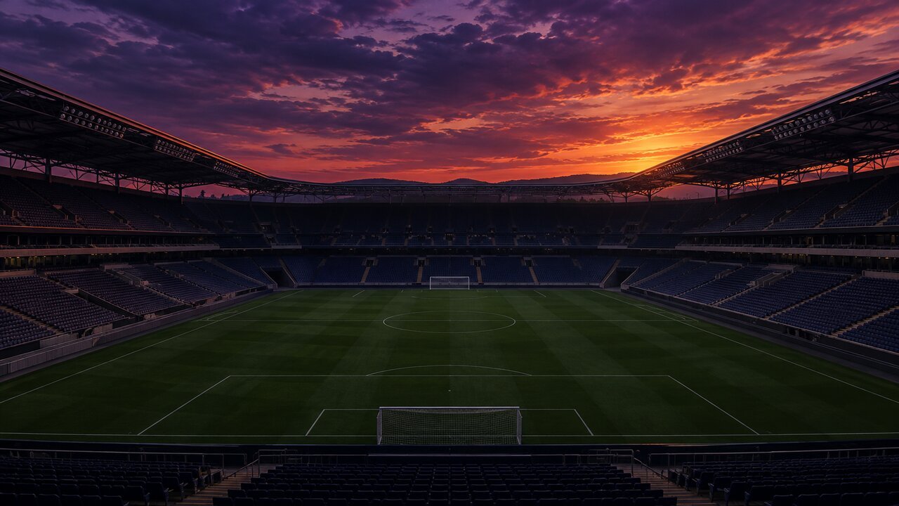 Editorial illustration of an empty stadium at dusk. Not a real venue or either artist.