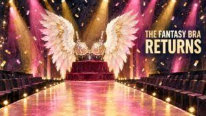 Hand-drawn editorial illustration of angel wings and a jewel-encrusted Fantasy Bra on a velvet pedestal at the end of an empty runway under pink and gold spotlights