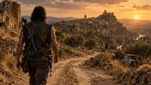 Illustration of a lone traveler with a crossbow walking a dusty Spanish country road toward a hilltop village at golden hour