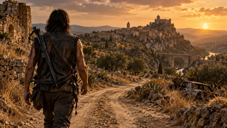 Where to Watch The Walking Dead: Daryl Dixon: Every Season Streaming in the US 604 Illustration of a lone traveler with a crossbow walking a dusty Spanish country road toward a hilltop village at golden hour