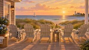 Illustration of a Nantucket beach house porch with five chairs facing the ocean at sunset, for a Where to Watch The Five Star Weekend streaming guide