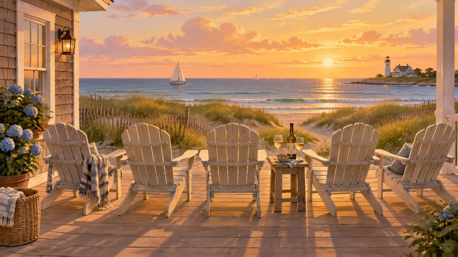 Illustration of a Nantucket beach house porch with five chairs facing the ocean at sunset, for a Where to Watch The Five Star Weekend streaming guide
