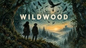 Illustration of two silhouettes at the edge of an enchanted forest as crows carry away a small bundle, evoking the Wildwood movie poster