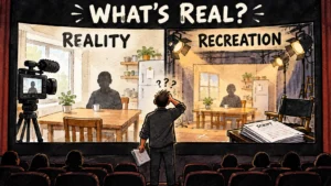 You Can See Everything Ending Explained: What Is Real, What Is Re-Enacted, and That Final Text 7 Editorial cartoon of a movie screen split into a real documentary scene and a staged recreation with a puzzled director between them, headlined What Is Real