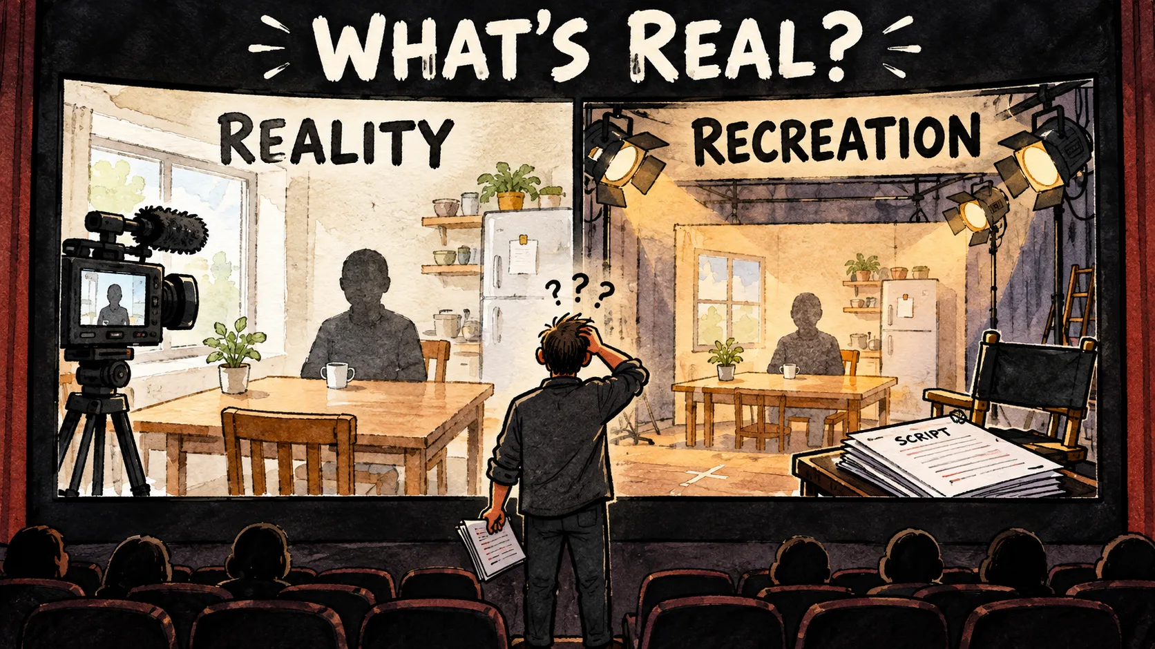 Editorial cartoon of a movie screen split into a real documentary scene and a staged recreation with a puzzled director between them, headlined What Is Real