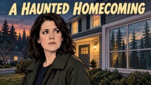 Editorial cartoon of Melanie Lynskey as Shauna outside a house for the Yellowjackets Season 4 homecoming teaser