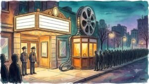 You Can See Everything: Nathan Fielder's Elizabeth Holmes Doc Stuns With $15M Opening Editorial illustration of a long line outside an arthouse cinema for the You Can See Everything documentary surprise box office opening