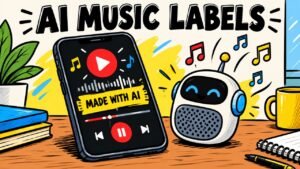 YouTube Music AI labels illustrated with a cartoon music player and robot speaker