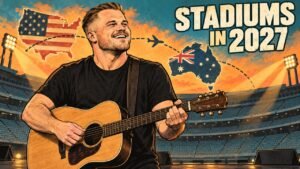 Editorial cartoon of Zach Bryan with a guitar as his 2027 stadium tour is announced
