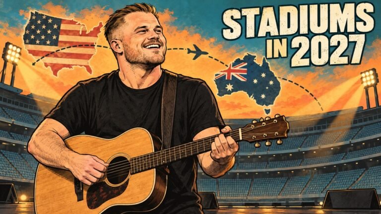 Editorial cartoon of Zach Bryan with a guitar as his 2027 stadium tour is announced