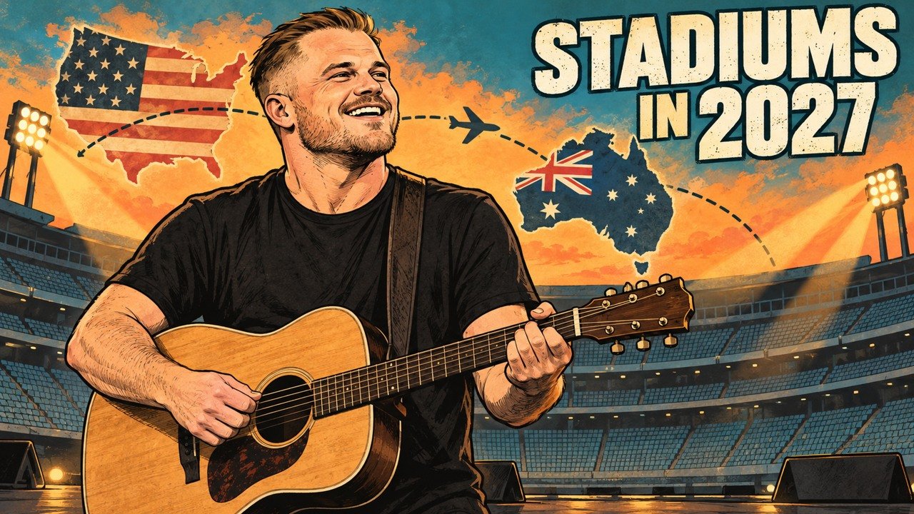 Editorial cartoon of Zach Bryan with a guitar as his 2027 stadium tour is announced
