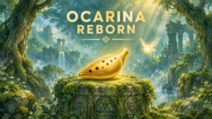 Illustration of a golden ocarina on a mossy forest pedestal with a glowing fairy, for the Zelda Ocarina of Time remake on Switch 2