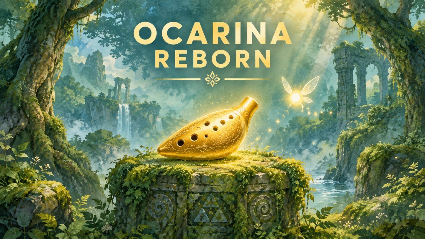 Illustration of a golden ocarina on a mossy forest pedestal with a glowing fairy, for the Zelda Ocarina of Time remake on Switch 2