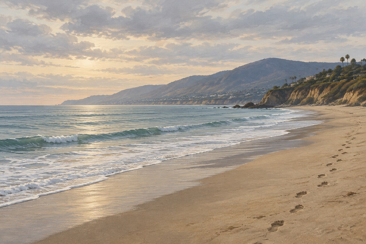 Editorial illustration of an empty Malibu beach for the Cindy Crawford and Rande Gerber Zuma Beach story, not a photo of the real people