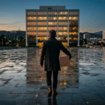Dan Lin Out as Netflix Film Chief After Layoff Wave 707 Illustration of a film executive seen from behind carrying a cardboard box across an empty plaza toward a glass office building at dusk