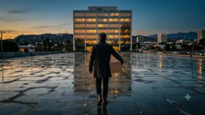 Dan Lin Out as Netflix Film Chief After Layoff Wave Illustration of a film executive seen from behind carrying a cardboard box across an empty plaza toward a glass office building at dusk