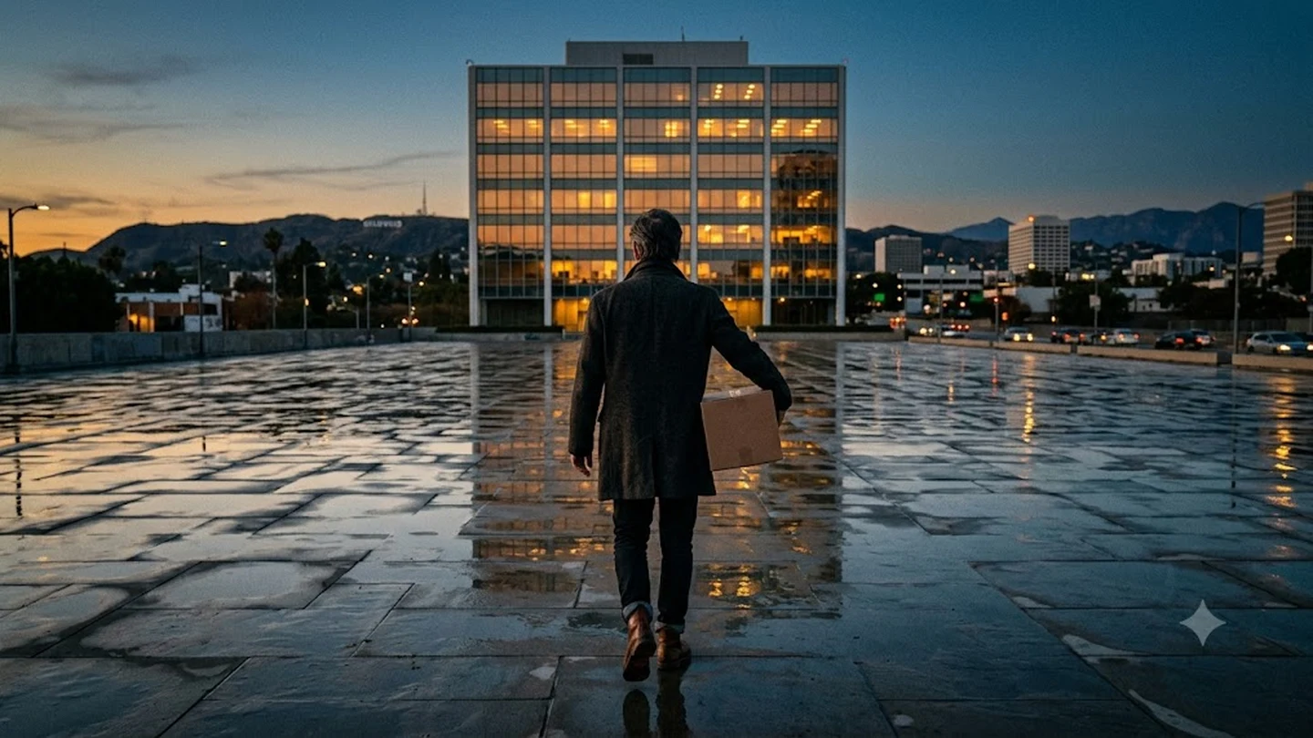 Illustration of a film executive seen from behind carrying a cardboard box across an empty plaza toward a glass office building at dusk