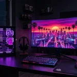 GTA 6 PC Release Date Reportedly Set for Q1 2027 706 Gaming PC setup at night with a neon coastal city skyline on the monitor, GTA 6 PC release date illustration