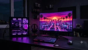 GTA 6 PC Release Date Reportedly Set for Q1 2027 Gaming PC setup at night with a neon coastal city skyline on the monitor, GTA 6 PC release date illustration