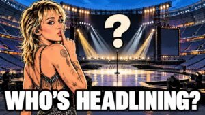 Who's Doing the 2027 Super Bowl Halftime Show? No Performer Named Yet, and Miley Rumors Are Unconfirmed 2 Editorial cartoon of Miley Cyrus on an empty Super Bowl halftime stage, not a photograph