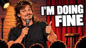 Editorial cartoon of Theo Von on a comedy stage giving a thumbs-up, not a photograph