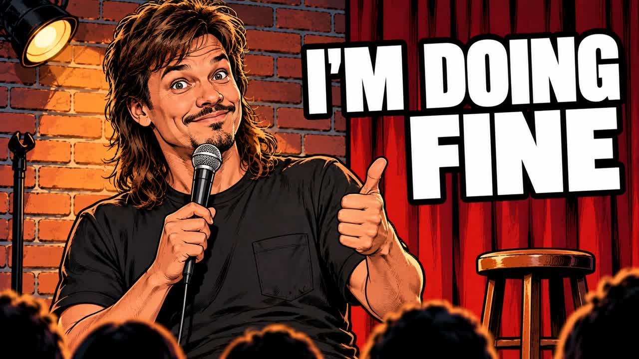 Editorial cartoon of Theo Von on a comedy stage giving a thumbs-up, not a photograph