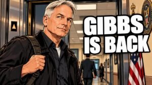 Editorial cartoon of Mark Harmon stepping out of an office elevator with a backpack, not a photograph