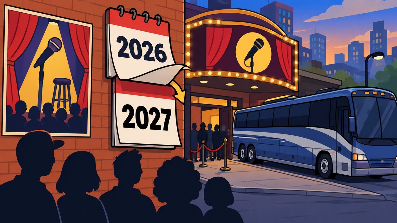 2D cartoon of a comedy club, tour bus and a calendar flipping from 2026 to 2027
