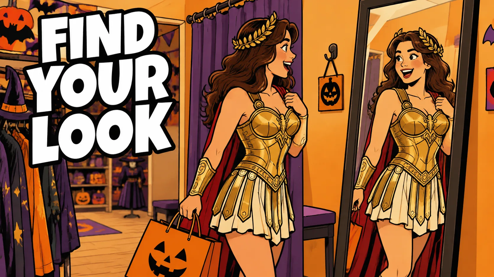Cartoon of a woman trying on a Greek goddess warrior costume in a Halloween shop fitting room