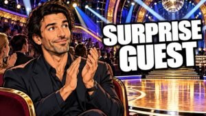Editorial cartoon of Justin Baldoni clapping in the Dancing With the Stars audience, not a photograph