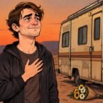 Hand-drawn editorial cartoon of RJ Mitte, tearful, with a hand on his chest beside a vintage RV in a desert at dusk. Illustration, not a photograph.