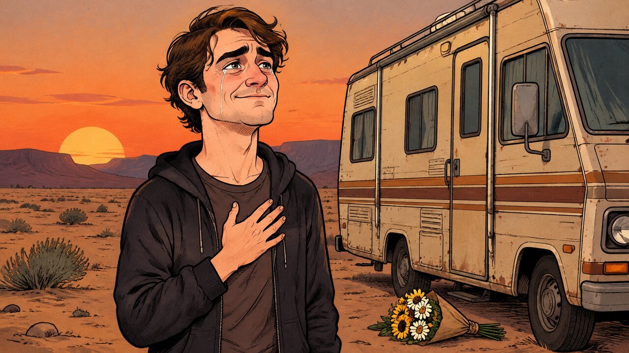 Hand-drawn editorial cartoon of RJ Mitte, tearful, with a hand on his chest beside a vintage RV in a desert at dusk. Illustration, not a photograph.